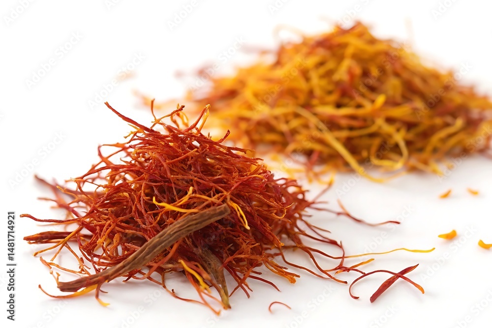 Fototapeta premium Saffron strands isolated on white – exotic spice close-up