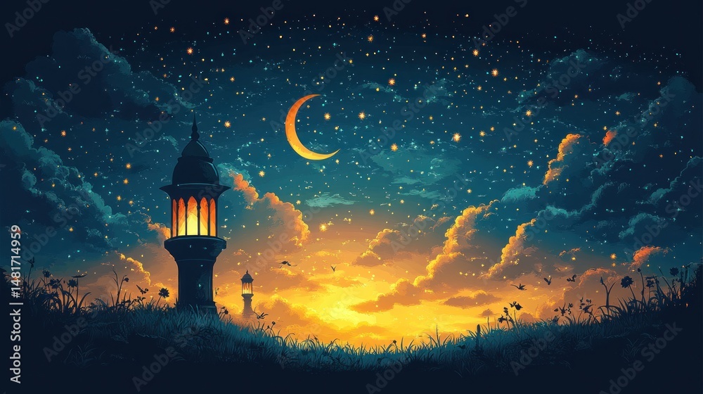 Fototapeta premium Nighttime Mosque Lantern, Starry Sky