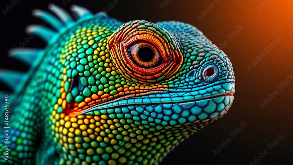 Fototapeta premium Majestic Lizard Face Close-Up – Ultra-Detailed Multicolored Scales with Cinematic Lighting