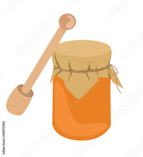 honey jar with honey bee dripping and dipper spoon 