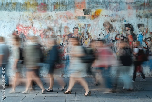 Blurred pedestrians walking along a graffiti wall in a public area quickly pass by