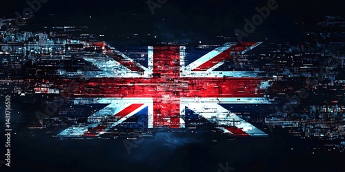 Digital Glitch UK Flag Abstract Background Red Blue White art data code dark cool image pixel error 