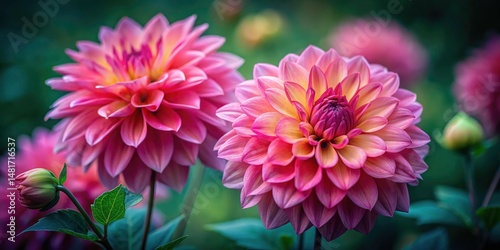Stunning Pink Dahlia Garden - High-Resolution Photo, Vibrant Blooms, Lush Foliage, Detailed Petals, Yellow Center, Deep Depth of Field