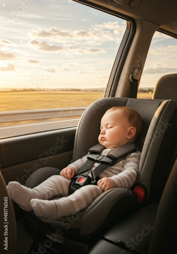Wallpaper Mural Photo of Baby Sleeping Peacefully in Car Seat During Sunset Road Trip Torontodigital.ca