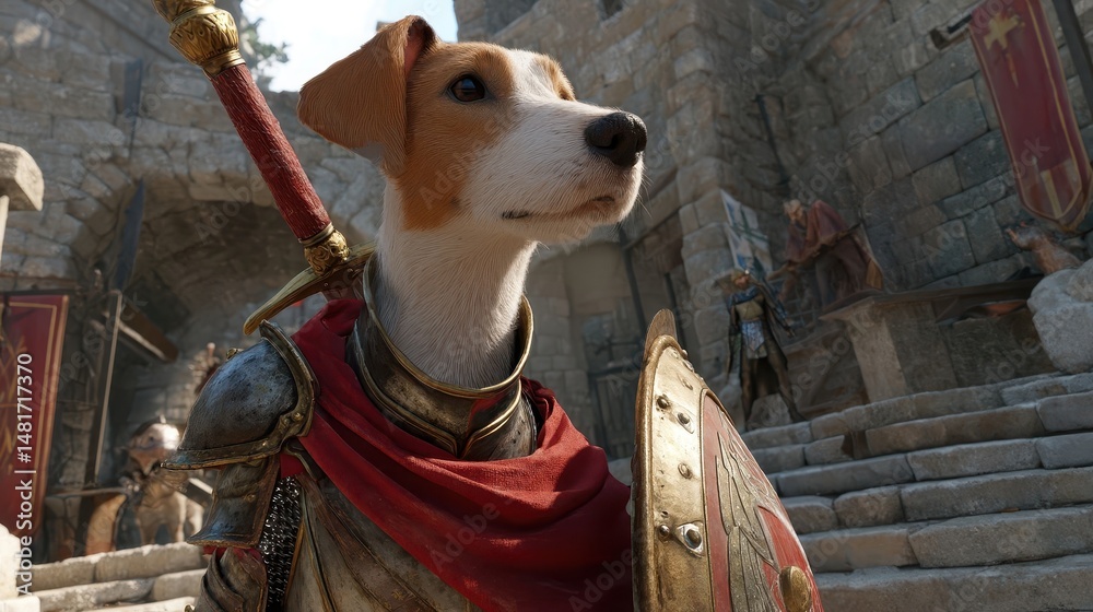 Obraz premium A small dog in medieval armor, guarding a fortress.