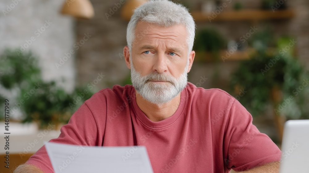 Man Analyzing Document Looking Concerned Indoors Man Analyzing Document Looking Concerned Indoors