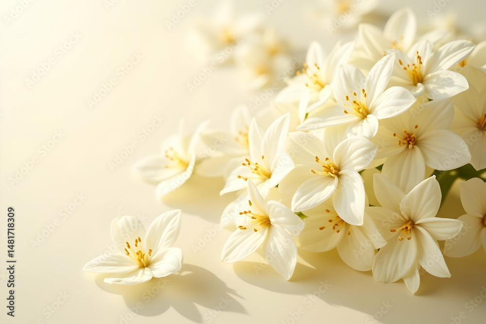 Fototapeta premium Delicate creamy white jasmine blossoms with subtle yellow accents, beautifully arranged to create a serene and elegant floral composition for various designs