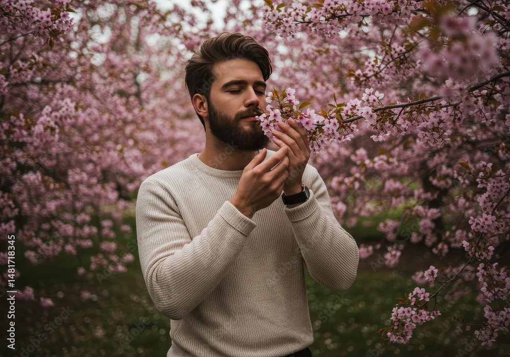 Fototapeta premium Photo of Bearded Man Smelling Pink Blossom in Garden