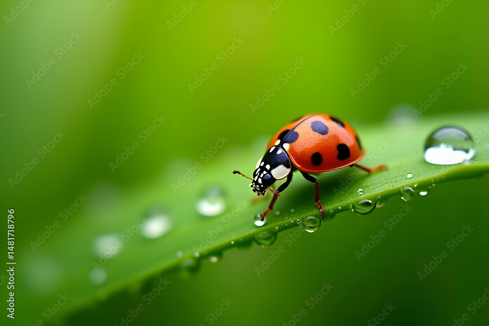 Naklejka premium Delicate ladybug with seven spots resting on a vibrant green leaf adorned with dewdrops, creating a refreshing and serene nature scene
