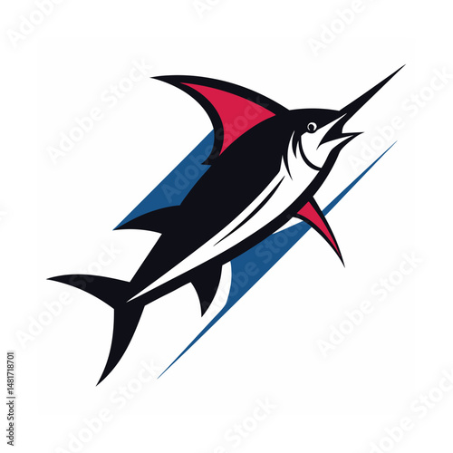 Dynamic illustration of a swordfish mascot with blue and red accents on white background