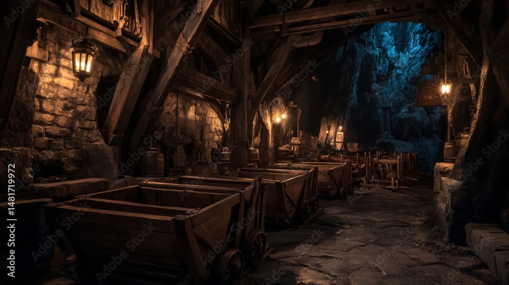 Underground mine shaft with ore carts wooden support beams and dim lighting creating a dark moody background Underground mine shaft with ore carts wooden support beams and dim lighting creating a dark moody background