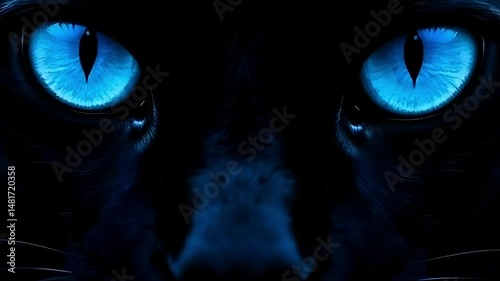 Close up two blue cat eyes looking to camera on black background. Dark halloween blue cat eyes isolated background, Generative AI