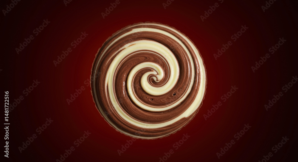 Chocolate and vanilla swirl cupcake top view on red background. Close-up of spiral dessert pattern in tart shell. Sweet treat concept. Gourmet pastry photography with rich texture. Chocolate and vanilla swirl cupcake top view on red background. Close-up of spiral dessert pattern in tart shell. Sweet treat concept. Gourmet pastry photography with rich texture.