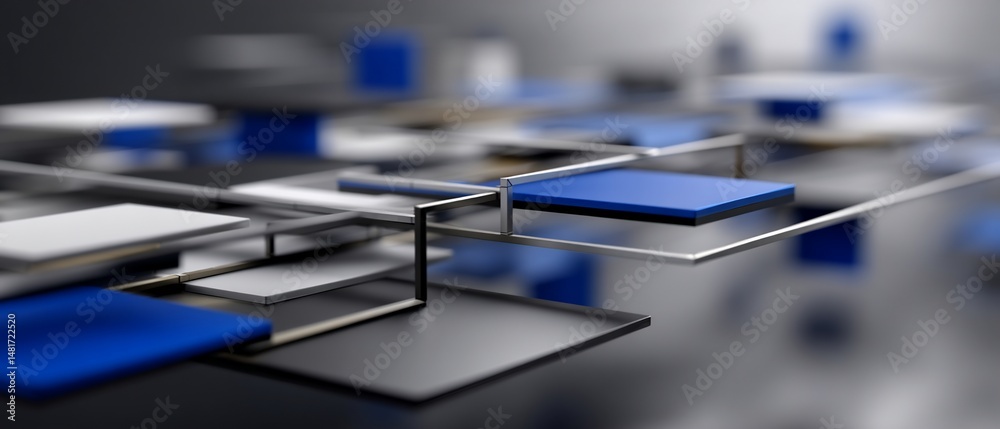 Fototapeta premium Abstract 3D rendering of interconnected blue, gray, and white rectangular shapes on metallic frames