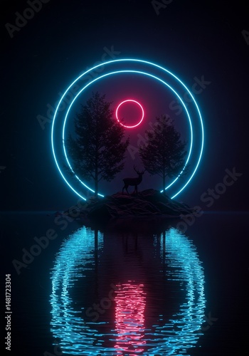 3D Illustration: Neon Circle Deer on Island with Reflection