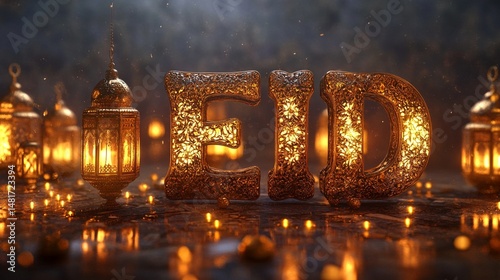 Creative 3D render of the word EID formed from golden stars, lanterns, and Islamic tiles.