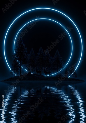 3D Illustration: Neon Circle Over Deer in Forest at Night
