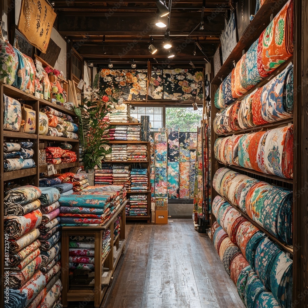 Naklejka premium Shelves filled with colorful folded and rolled kimono fabrics arranged by color and pattern inside a traditional Japanese wooden room. Generative by AI.