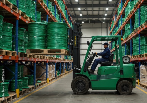 A green forklift carefully lifts a pallet of tightly wound green nylon ropes in a spacious warehouse, showcasing efficient logistics and industrial storage. photo