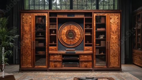 Elegant wooden entertainment center with intricate designs, showcasing ample storage and a stylish circular feature, perfect for modern living spaces.