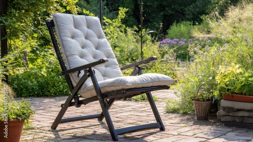 Gray cushioned outdoor lounge chair on a patio. photo