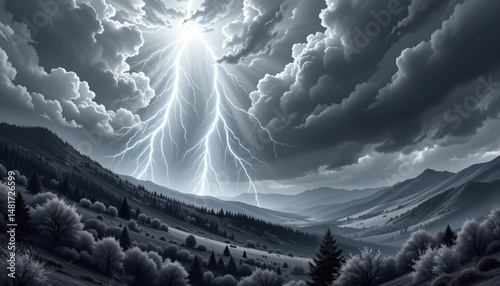 an ominous sky above a serene landscape of a valley with clouds gathering around it, possibly hinting at an impending storm. photo