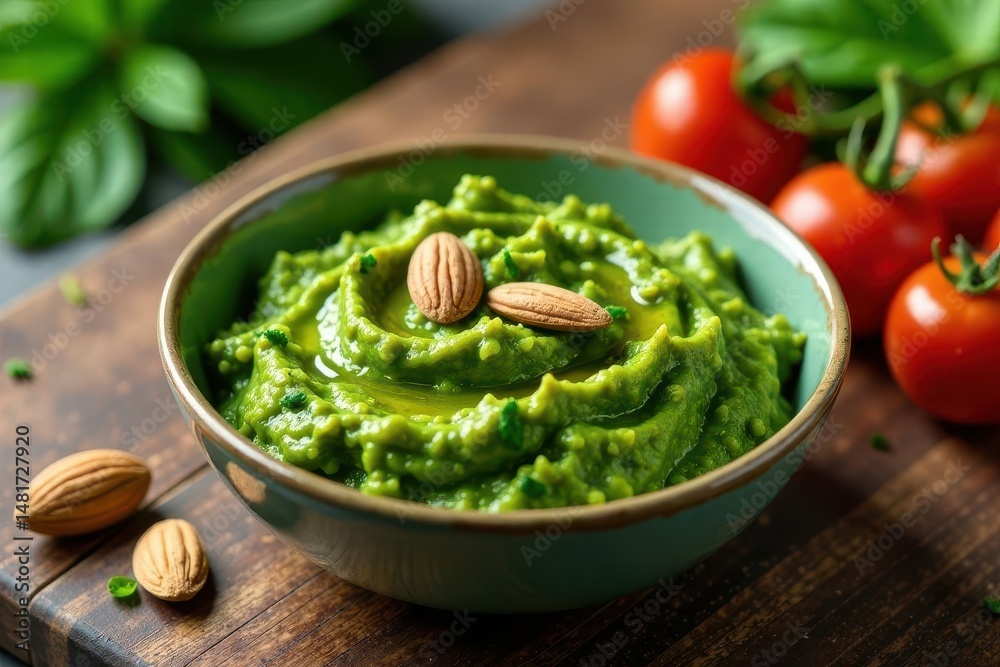 Delicious Green Herb Dip with Toasted Almonds Served in a Rustic Bowl Delicious Green Herb Dip with Toasted Almonds Served in a Rustic Bowl