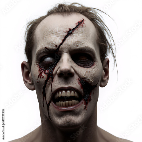 A hauntingly beautiful portrait of a man with zombie-like features, his eyes sunken and skin decaying.