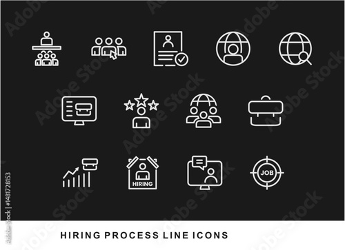 Hiring Process Line Icons. Recruitment, Job Application, Interview, Candidate Selection Vector Set