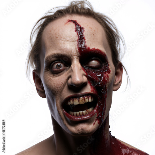 A woman's face with a deep laceration on her forehead and an open wound running down her cheek.