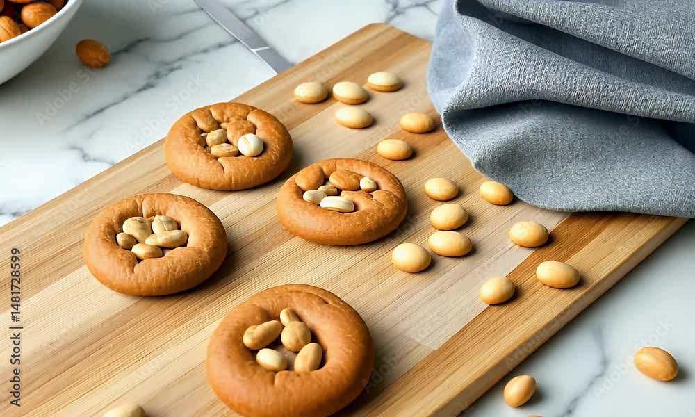 Wooden Board of Homemade Cookies with Organic Peanuts on Marble Table