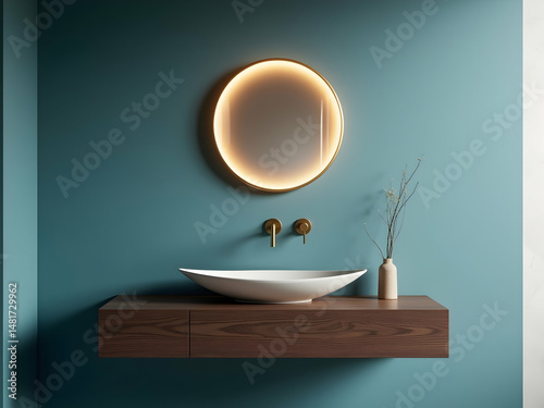 Elegant bathroom interior featuring a cerulean blue wall, a round lighted mirror, and a modern white sink on a wooden vanity bringing a spa like atmosphere