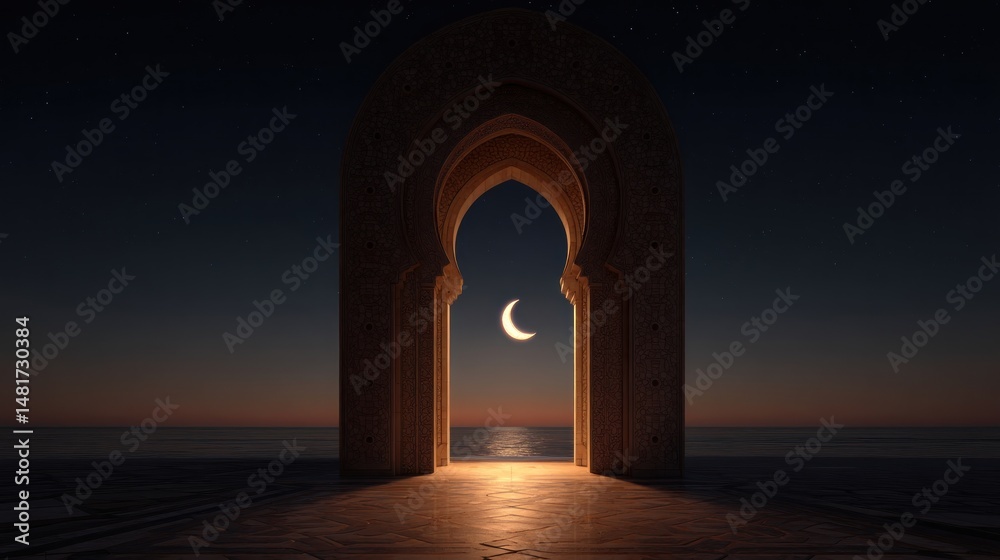 Fototapeta premium A mystical archway opens to a tranquil sea at night