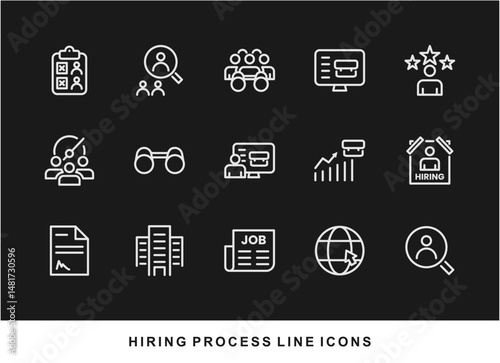 Hiring Process Line Icons. Recruitment, Job Application, Interview, Candidate Selection Vector Set