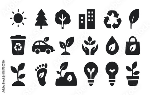Eco and Sustainability Icon Set – Black Solid Environmental Symbols Including Plants, Recycling, Solar Energy, and Green Living