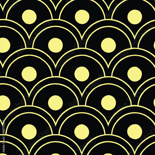 Seamless Art Deco Geometric Pattern with Golden Scallops and Yellow Circles on Black Background