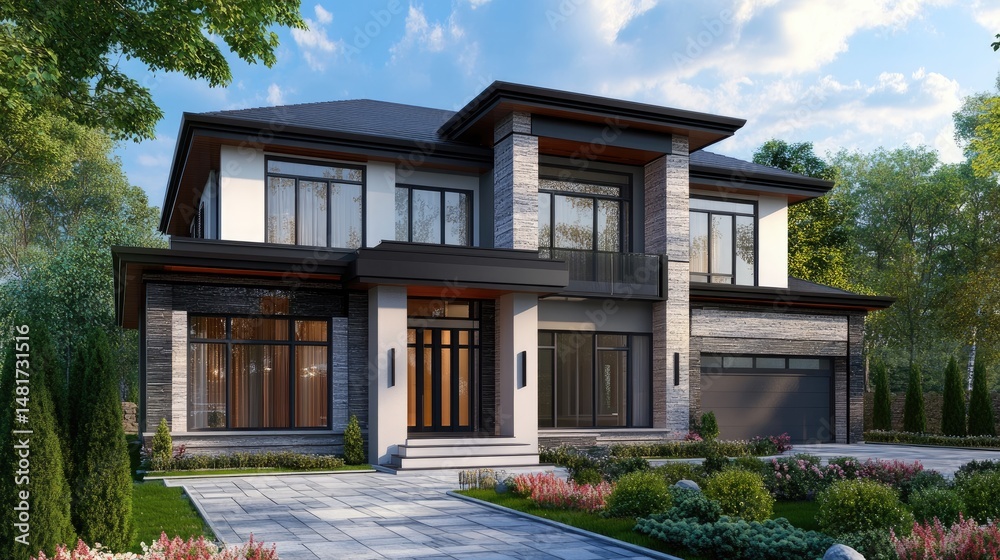 Fototapeta premium Modern Luxury Home Exterior. Beautiful Facade With Stone Elements And Landscaped Garden.