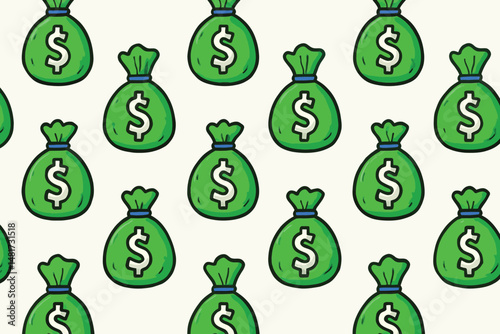 Seamless Cartoon Money Bag Pattern with Dollar Signs on White Background