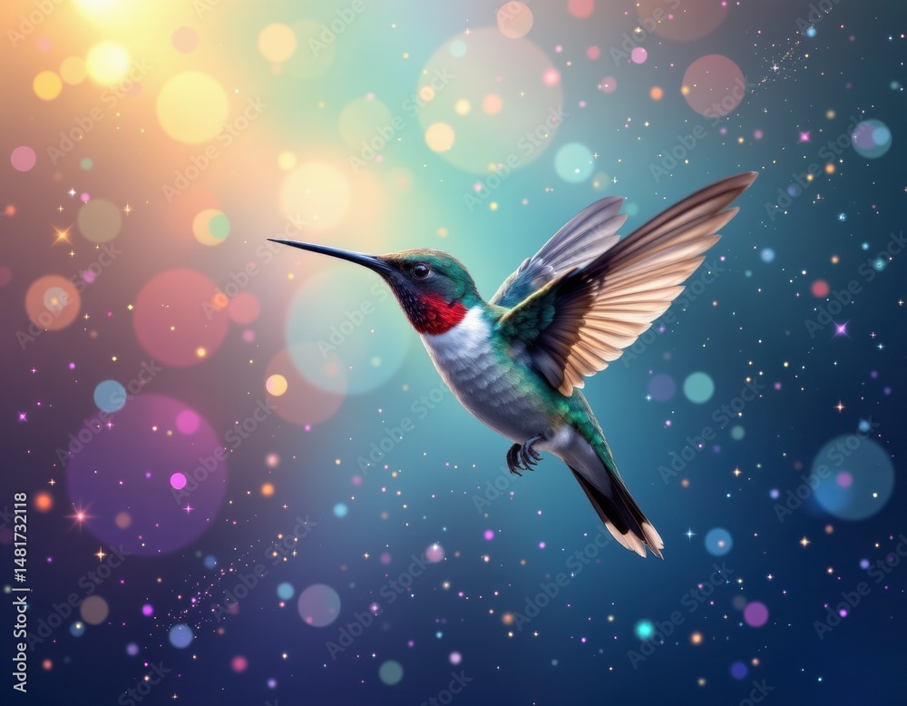 Obraz premium Vibrant Hummingbird in Flight Against Sparkling Bokeh Background