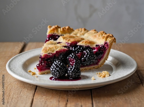 A slice of blackberry pie with a flaky golden crust on a simple off-white plate.