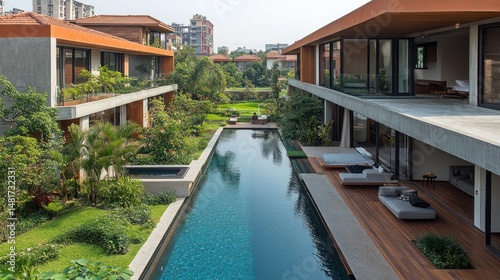 Wallpaper Mural Modern residential complex with a long pool and lush landscaping. Torontodigital.ca