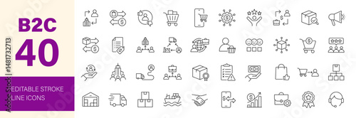 B2C icon set. Business related line icons: customer, service, selling, product, delivery, retailer, cargo, supply chain, e-commerce and more. Editable stroke. Vector illustration.