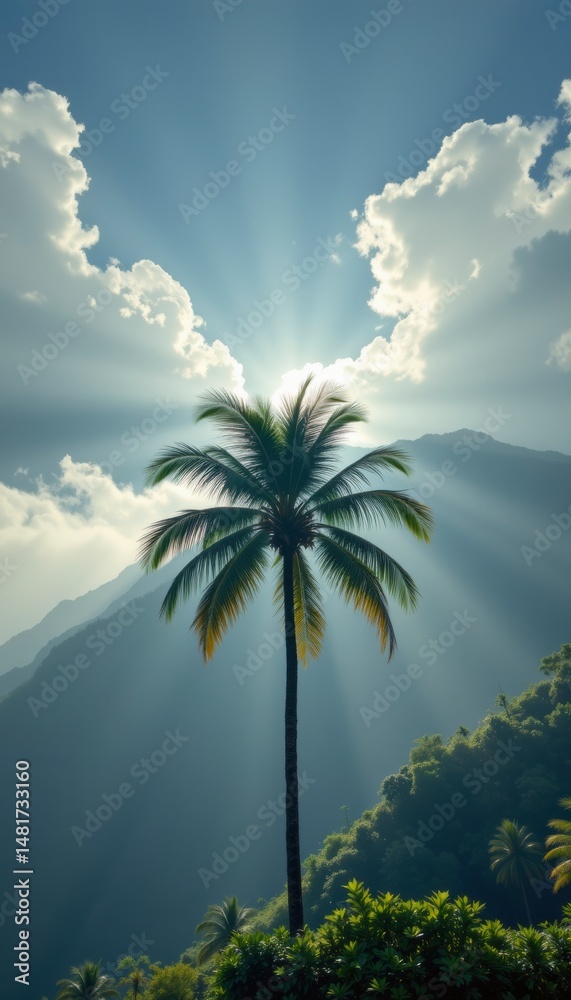 Fototapeta premium Single Palm Tree Silhouetted Against Sunbeams and Lush Mountains