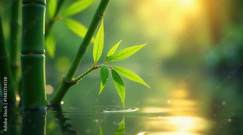 Fototapeta premium Serene Bamboo Shoots Emerging in a Still Pond at Sunrise