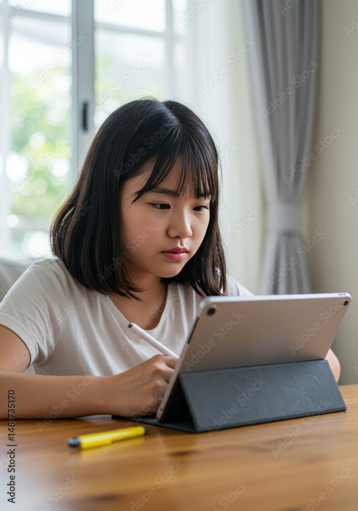 Photo of Focused Asian Girl Using Digital Tablet at Home Photo of Focused Asian Girl Using Digital Tablet at Home