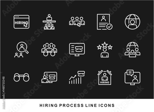 Hiring Process Line Icons. Recruitment, Job Application, Interview, Candidate Selection Vector Set