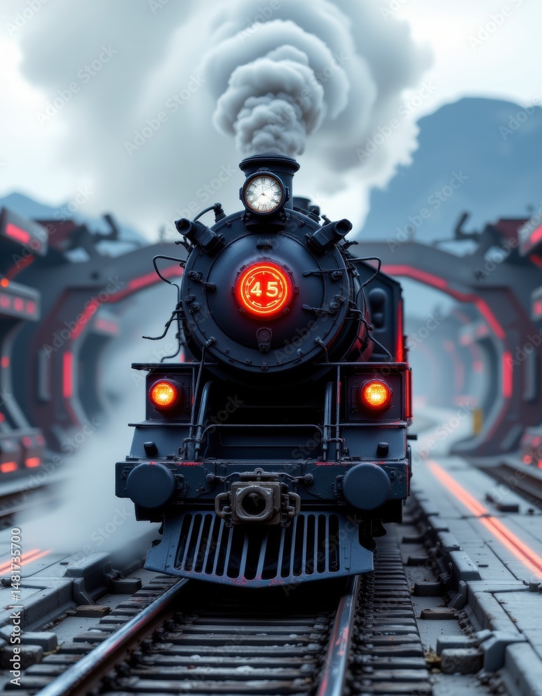 Fototapeta premium Dark Grey Steam Train Emerging from Futuristic Tunnel