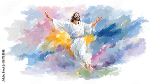 Awakening the Spirit: A Watercolor Journey Depicting Jesus in the Sky during Crucial Moments of His Resurrection and Legacy