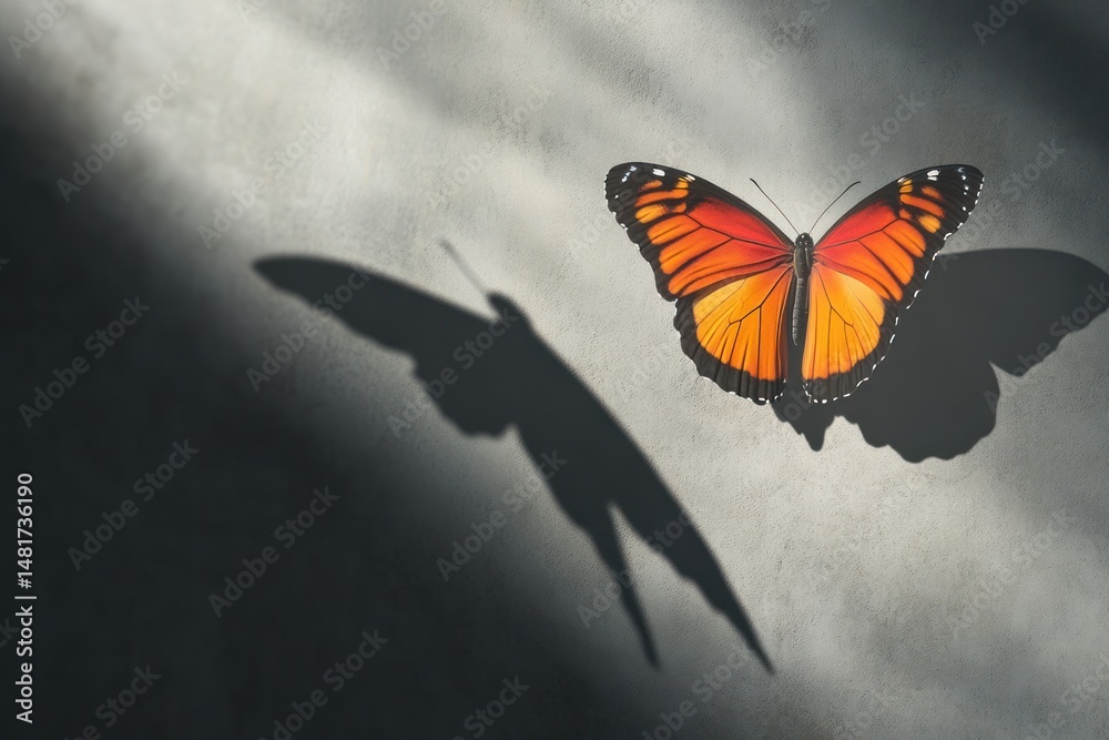 Obraz premium vibrant monarch butterfly casting an elongated shadow creating a sense of ephemeral flight and illusion
