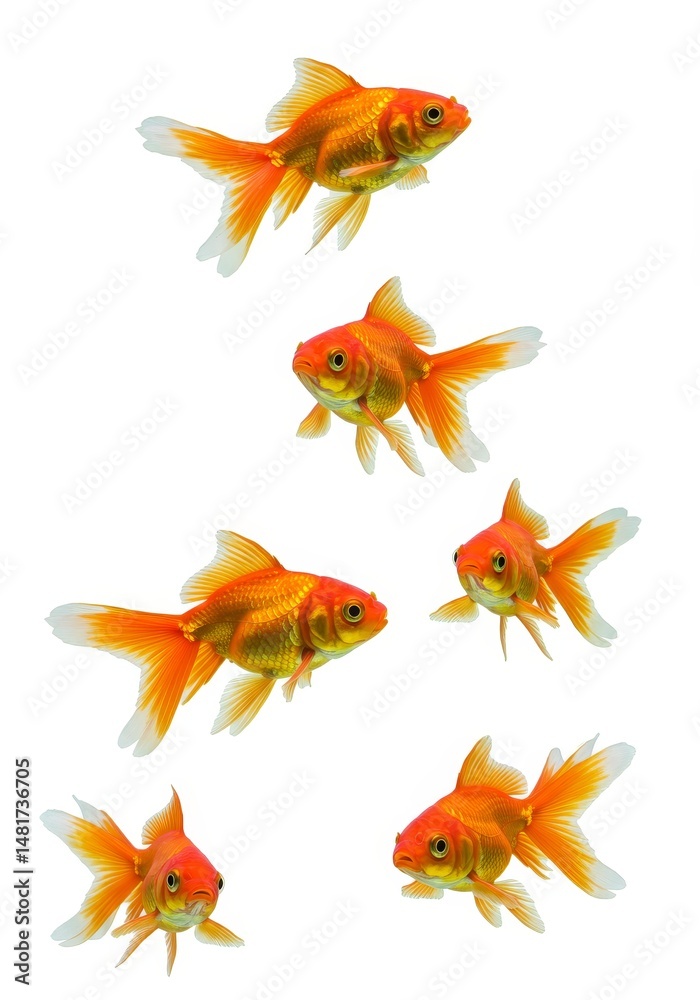 Fototapeta premium Five Goldfish on White Background Photo